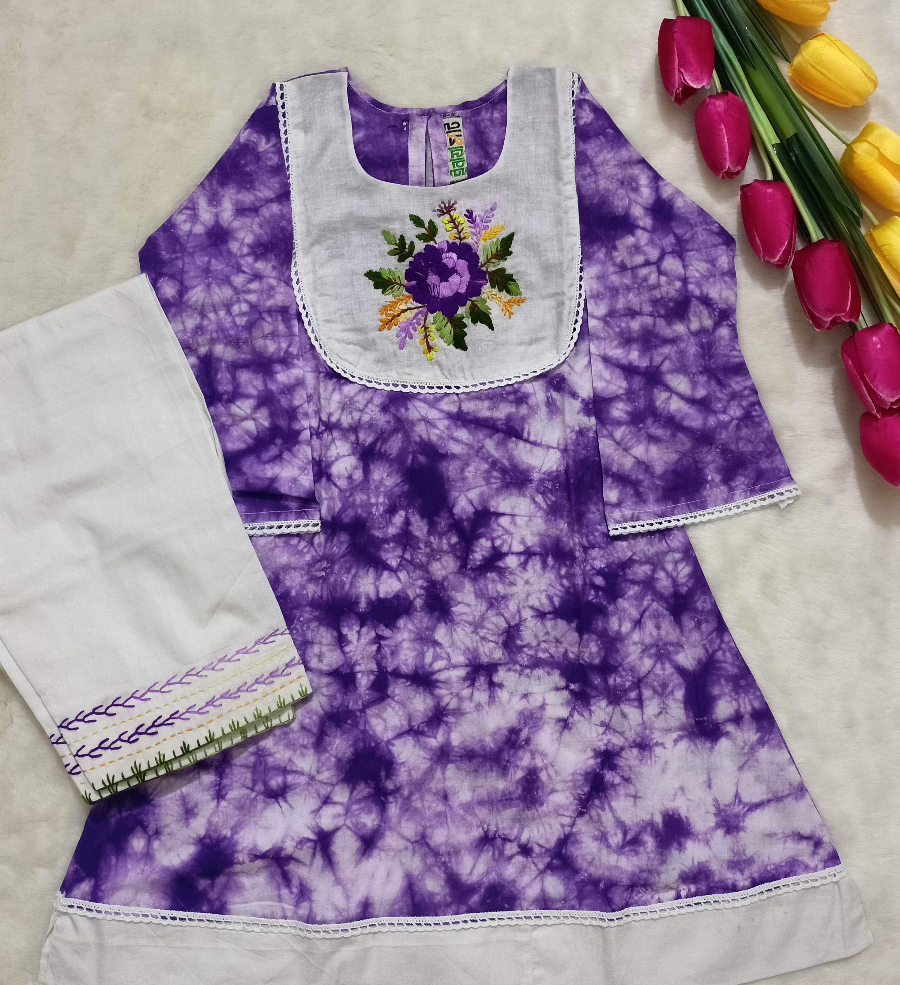 Purple Batik Embroidery Cotton Kurta