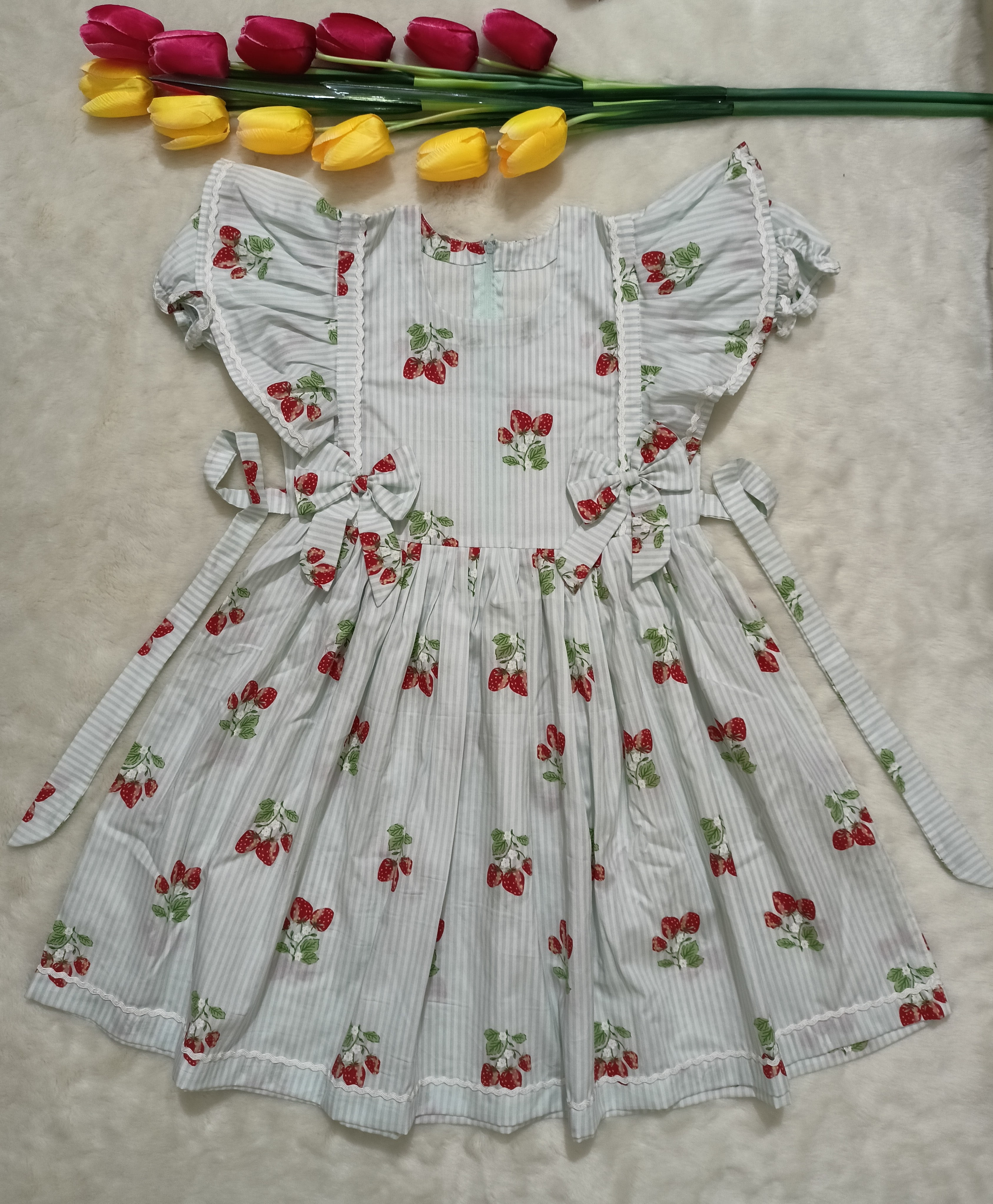 Greenish White Fruits Print China Cotton Baby Frock