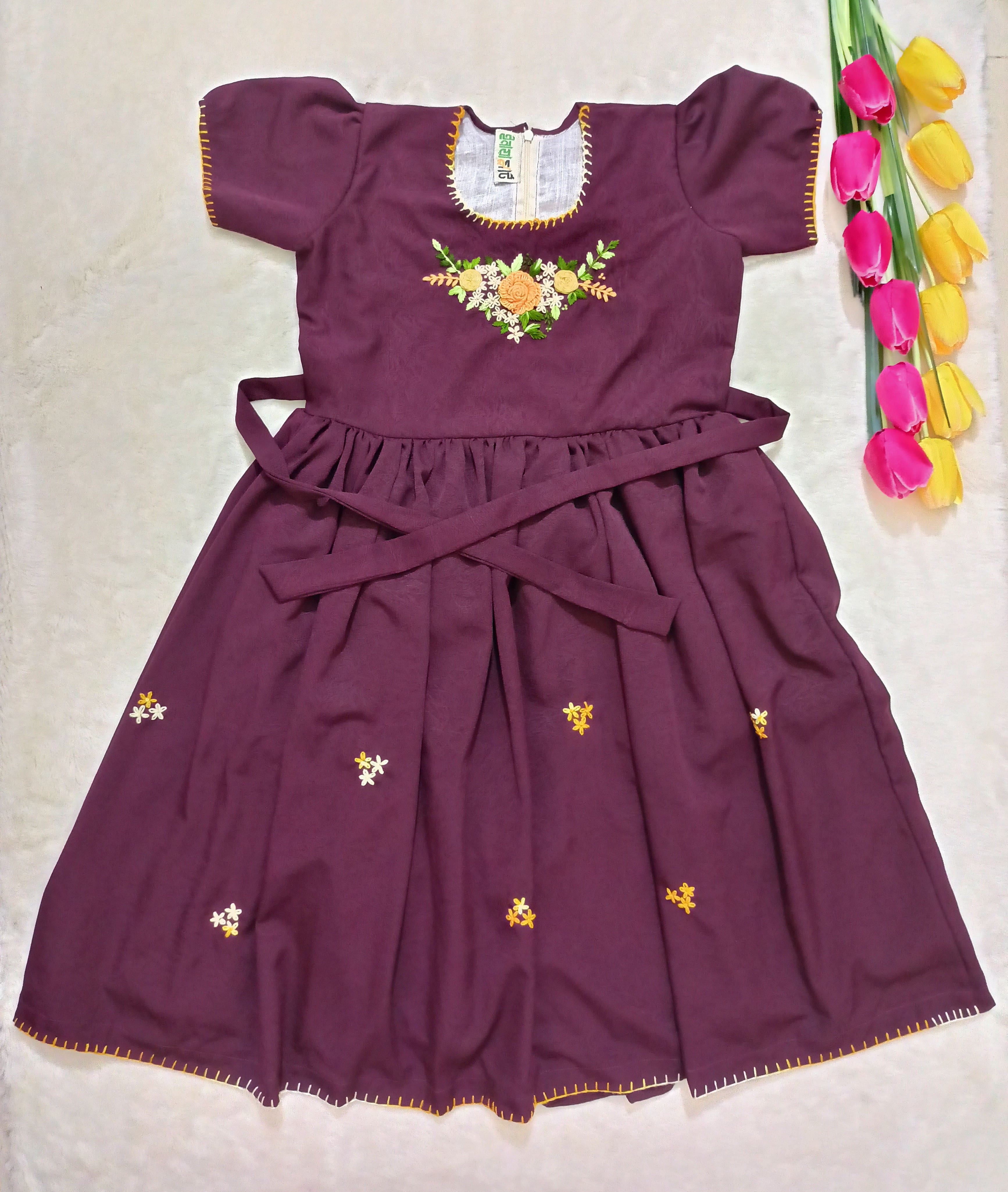 Premium Maroon Floral Embroidery Baby Frock