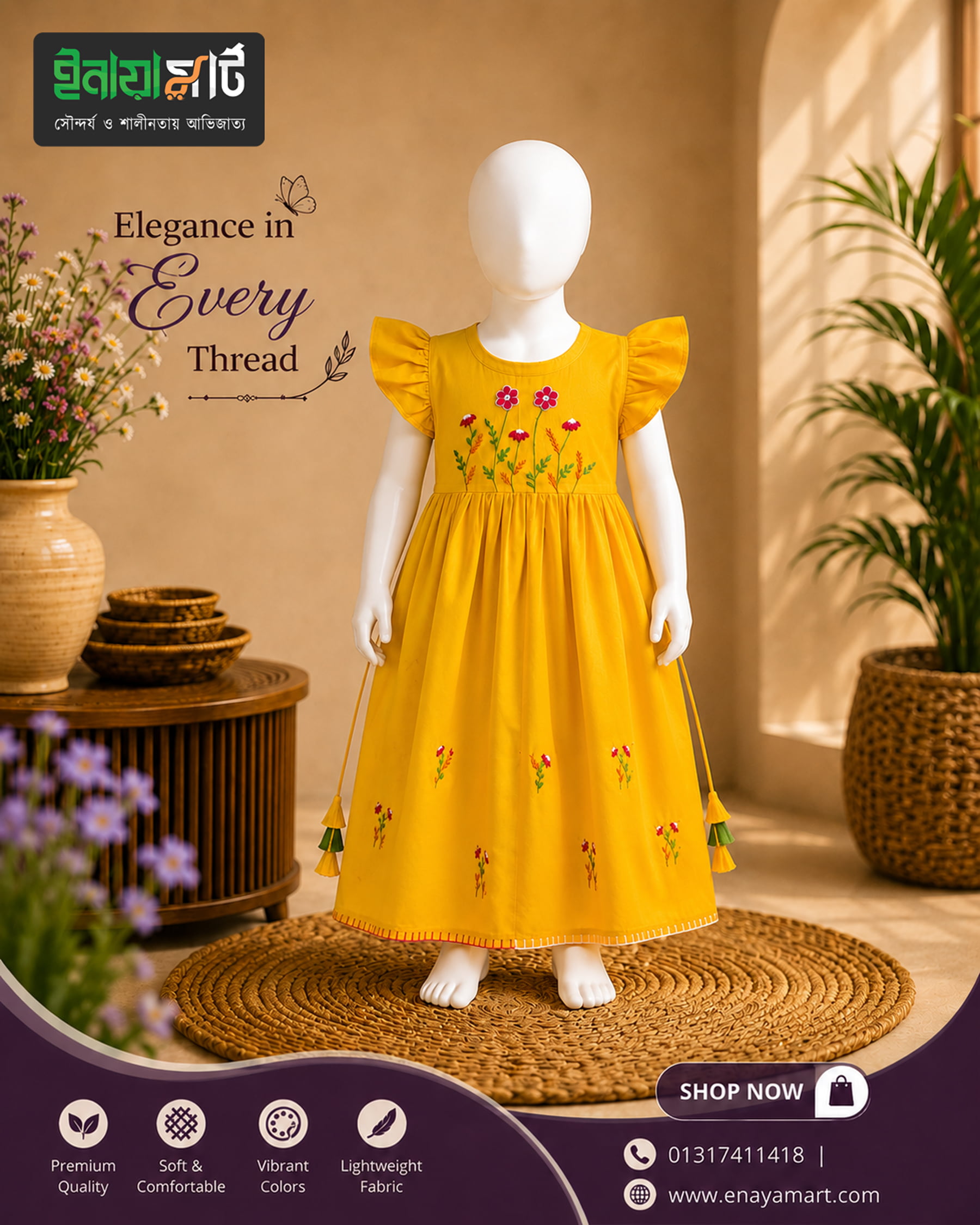 Yellow Cotton Baby Frock with Floral Embroidery
