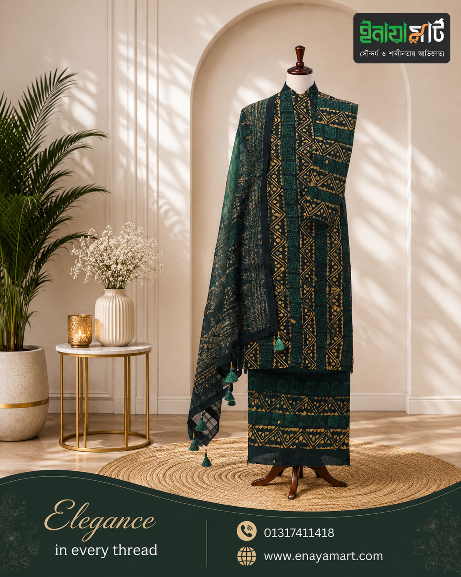 Deep Green and Gold Batik Print Cotton Three-Piece Set